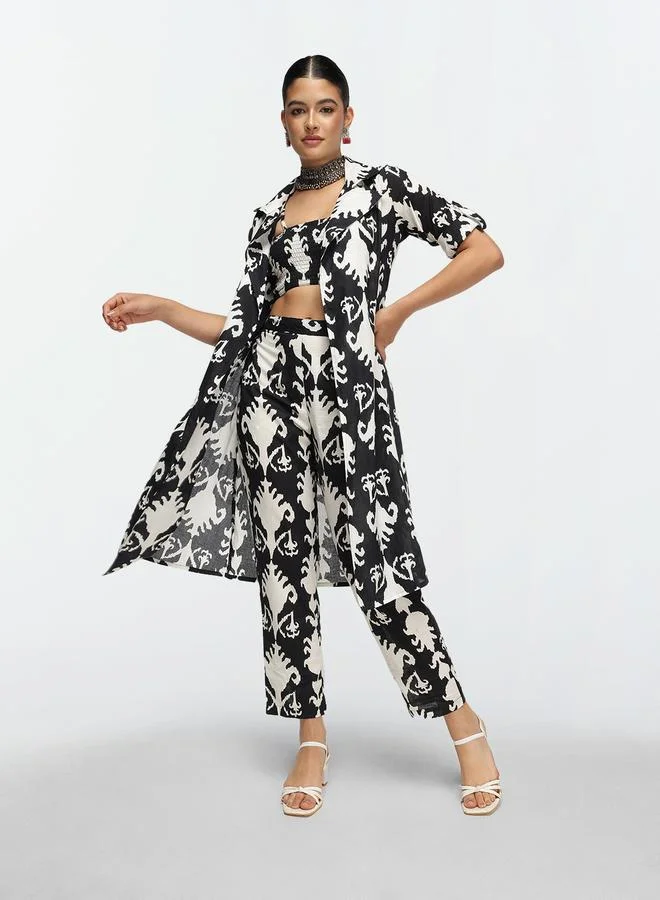 Women's Printed Cotton Shrug & Pleated Bottom Co-Ord Set, Black