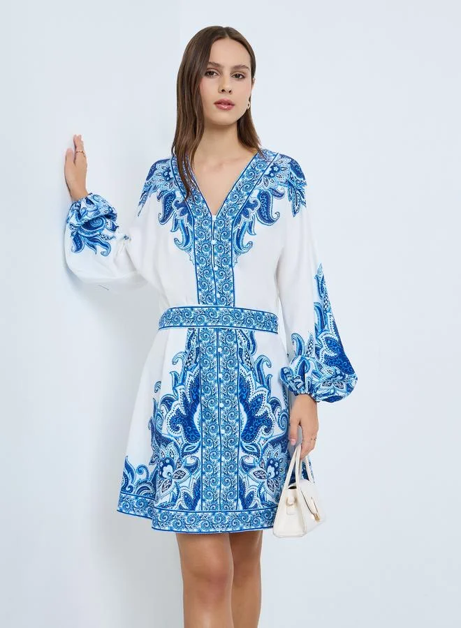 Floral Print Balloon Sleeve Mini Dress Blue