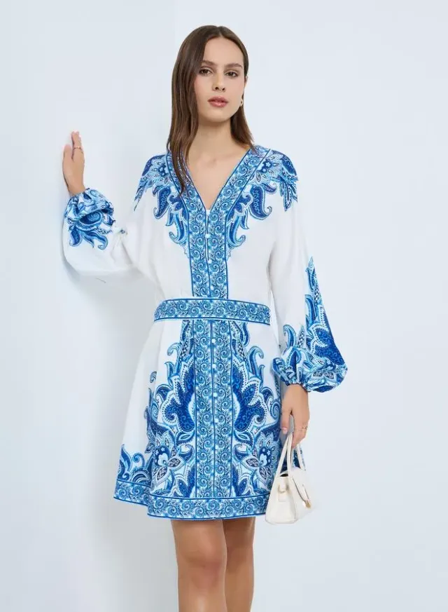 Floral Print Balloon Sleeve Mini Dress Blue