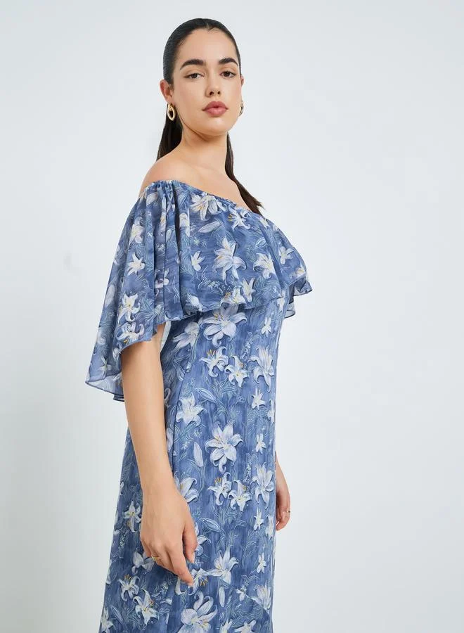 Floral Cape Sleeve Sheath Maxi Dress Blue