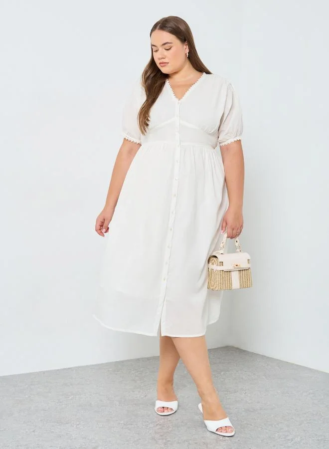 Plus Size Cotton Midi Dress Puff Sleeves