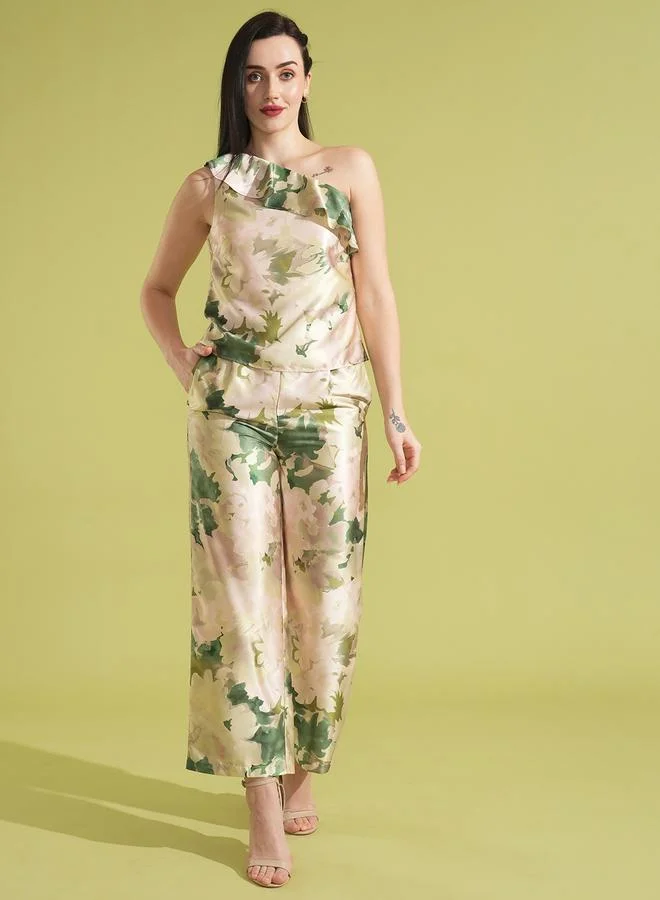 Satin Floral Print Ruffled Co-Ord Set