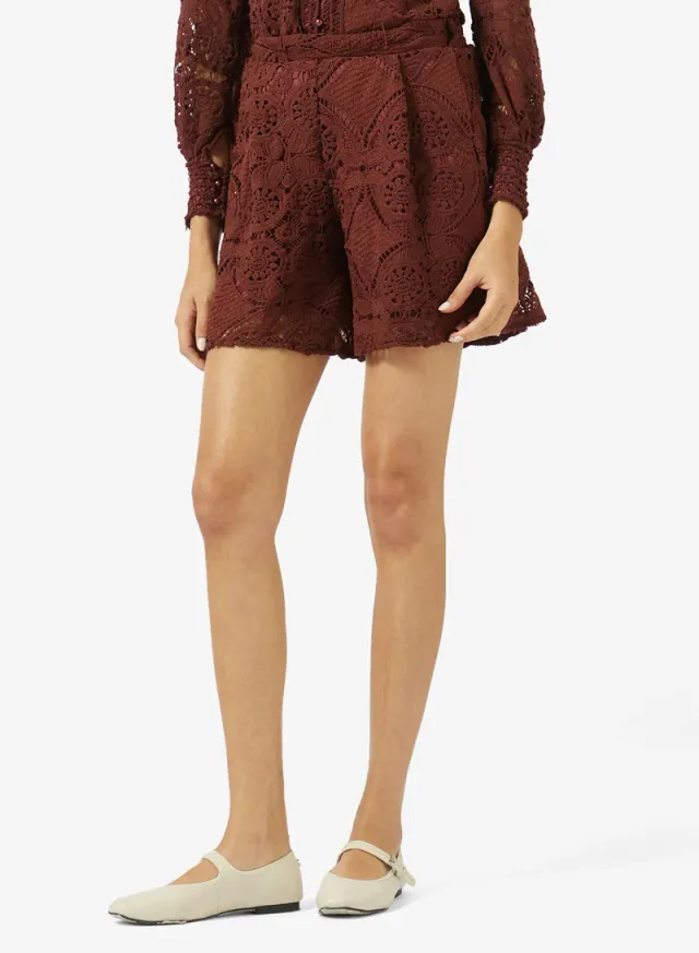 Brown Floral Broderie High Neck Long-Sleeve Shirt & Short Set – image 4