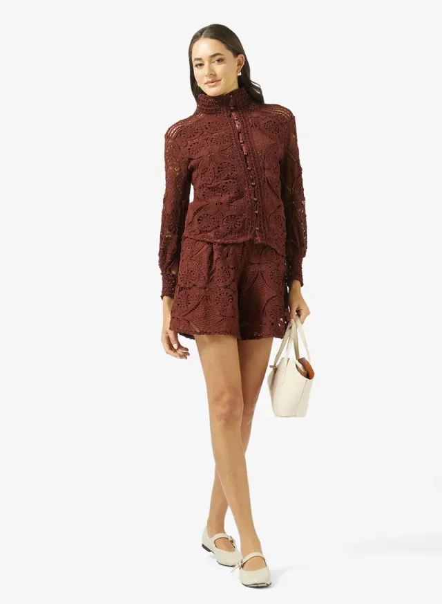 Brown Floral Broderie High Neck Long-Sleeve Shirt & Short Set – image 5