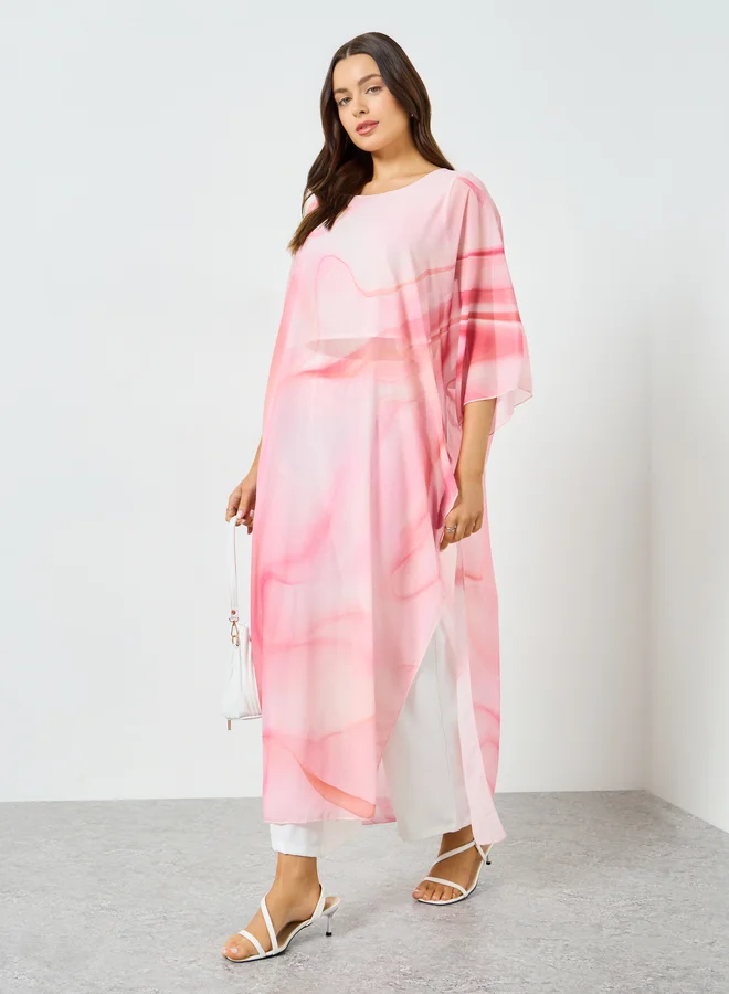 Marble Print Slit Dress Wide Leg Pants Co-ord Pink