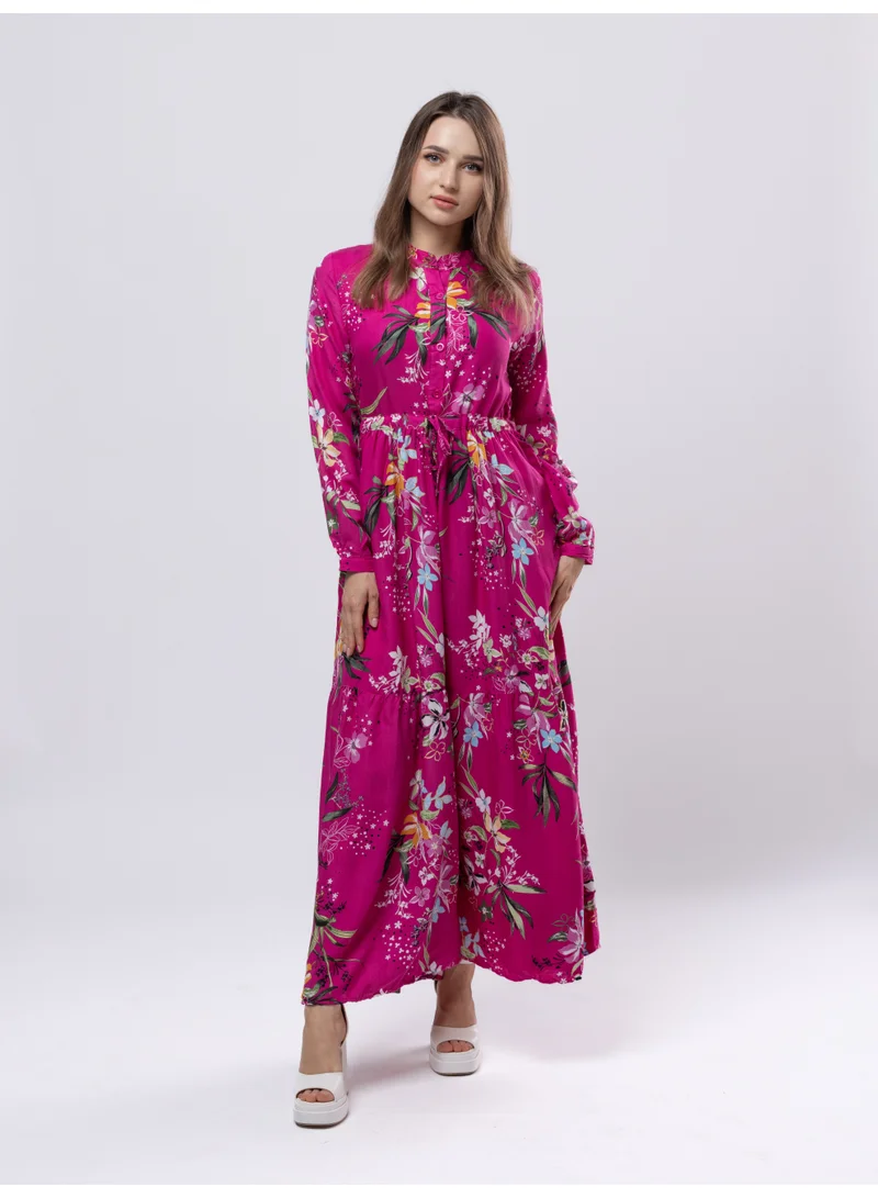 Cotton Long Sleeved Full Length Dress Fuschia Pink