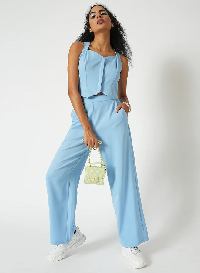Women Cross Strap Back Crop Top & Trousers Co-Ords Blue