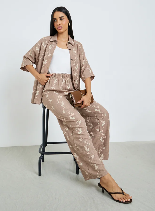 Floral Print Shirt & Trousers Co-ord, Beige