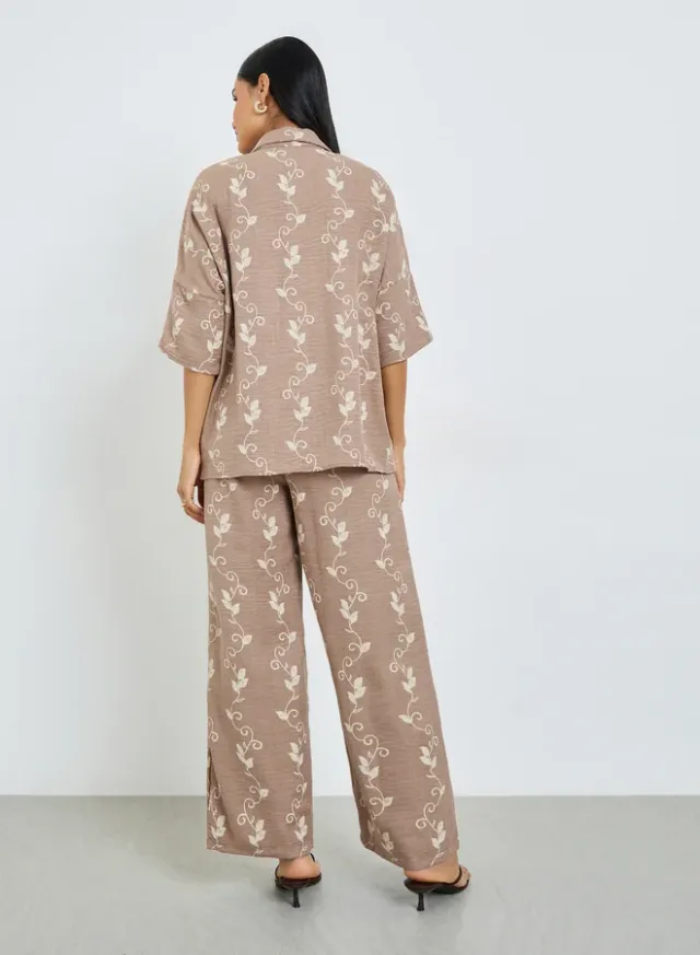 Floral Print Shirt & Trousers Co-ord, Beige – image 3