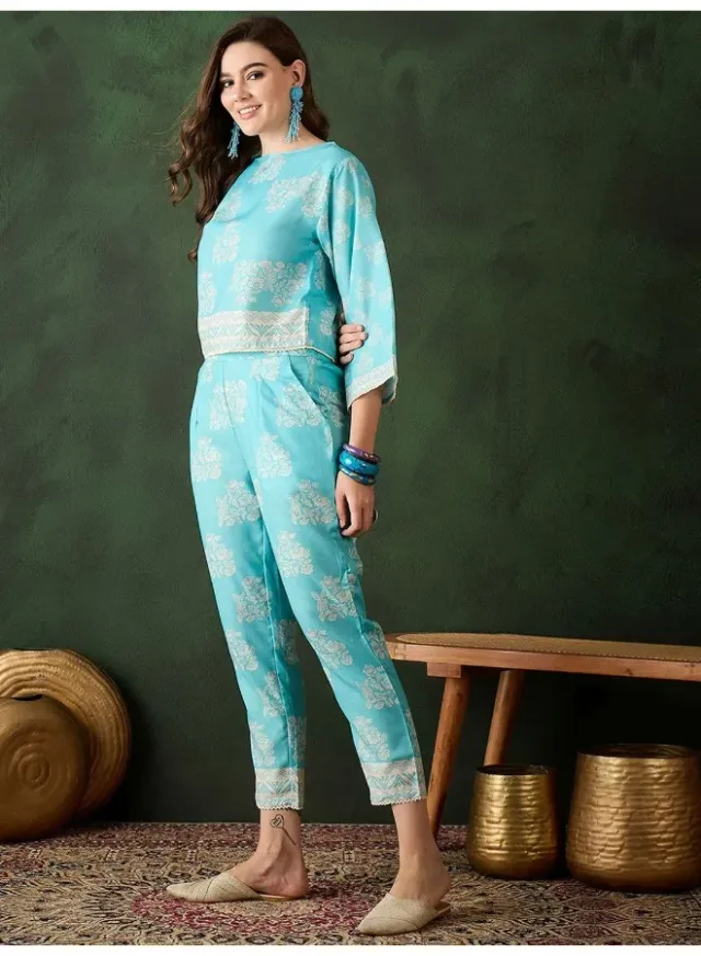 Aqua Floral Digital Printed Co-Ord Set for Women - Cropped Top and Pants – image 5