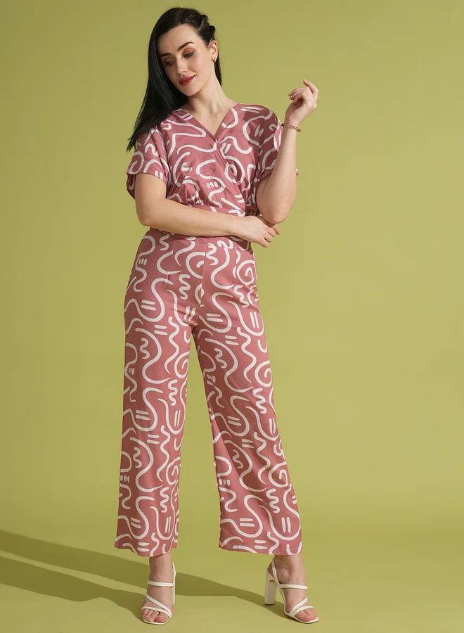 Abstract Print Wrap Crop Top & Trouser Co-Ord