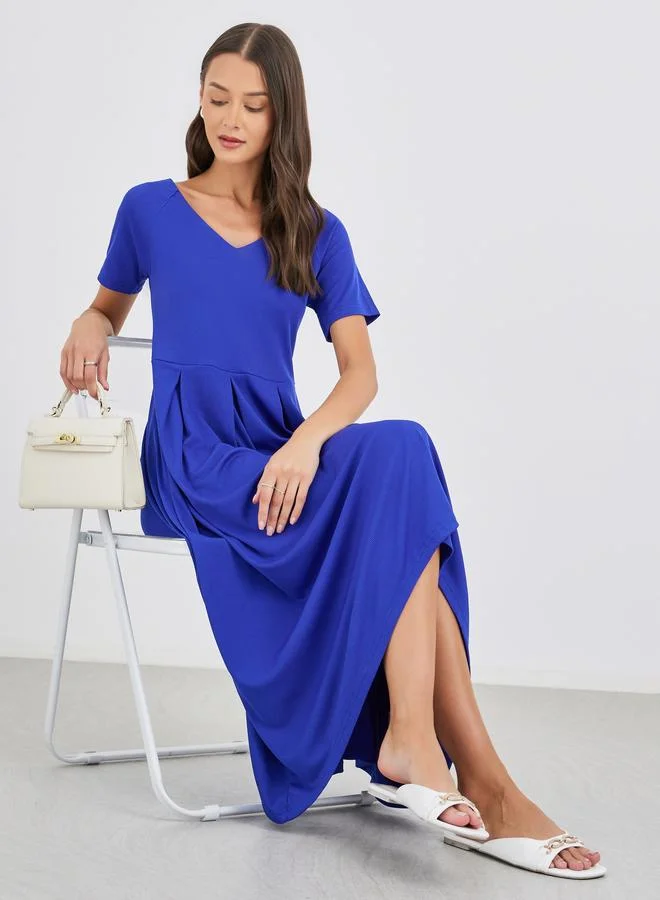 Women's V-Neck A-Line High-Low Hem Midi Dress Blue