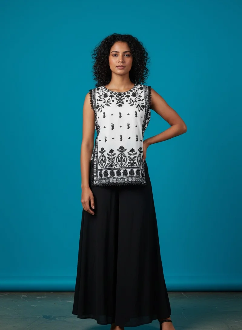 Embroidered Co-Ord Set Black and White