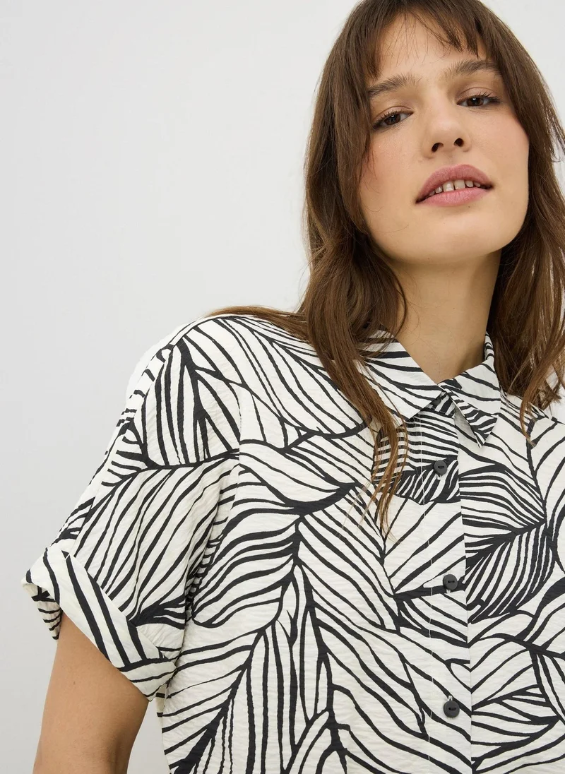 Leaf Print Tie Waist Co-ord Shirt Black