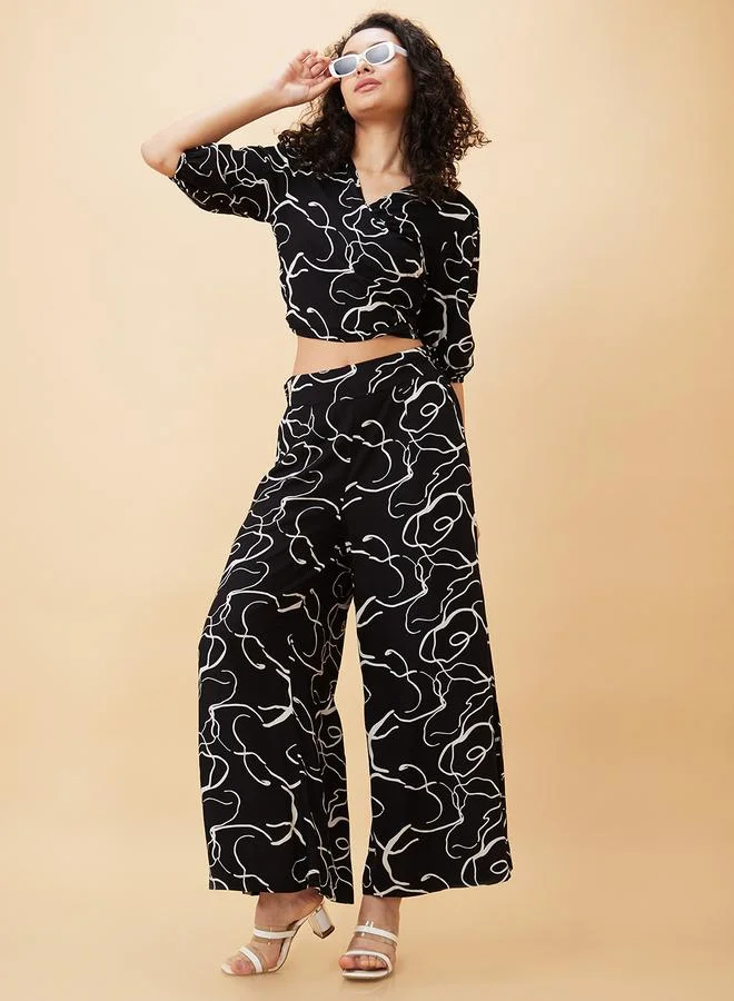 Abstract Print Tie Back Crop Top Flared Palazzos Set