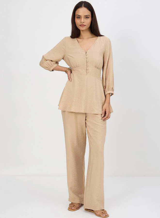 Women's V-Neck Top & Trousers Co-Ord Beige