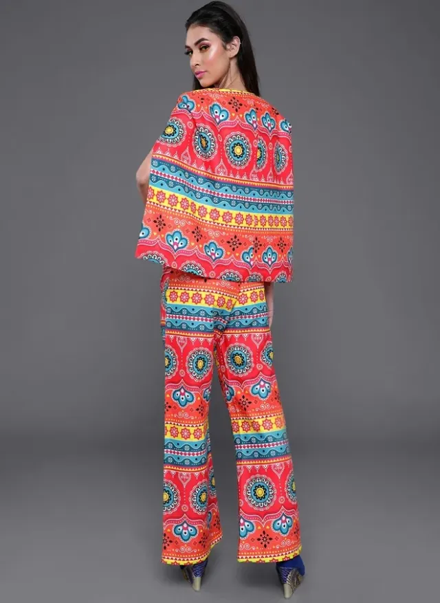 Red Printed Cowl Neck Co-Ord Set for Women – image 4