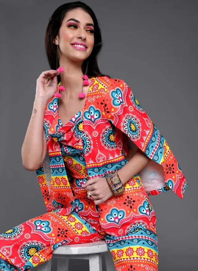 Red Printed Cowl Neck Co-Ord Set for Women – image 6