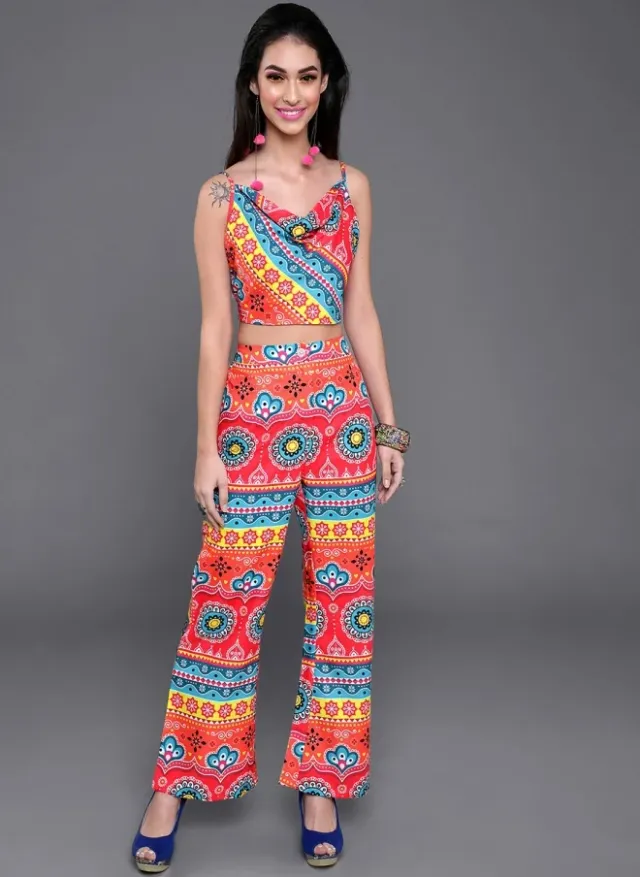 Red Printed Cowl Neck Co-Ord Set for Women – image 5