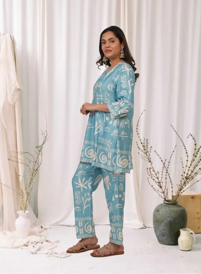 Sky Blue Printed Cotton-Linen Co-Ord Set for Women – image 2