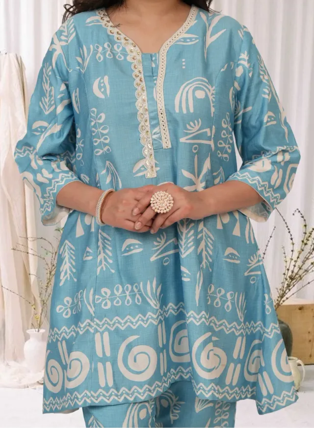 Sky Blue Printed Cotton-Linen Co-Ord Set for Women – image 4
