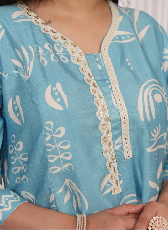 Sky Blue Printed Cotton-Linen Co-Ord Set for Women – image 5