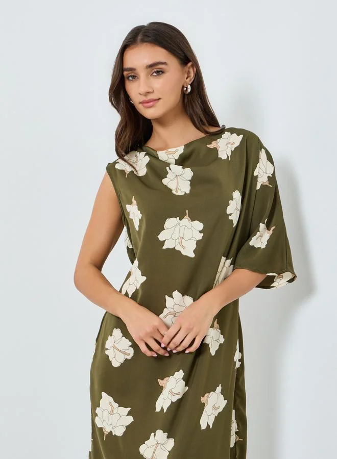 Floral Short Sleeve Shift Midi Dress Green