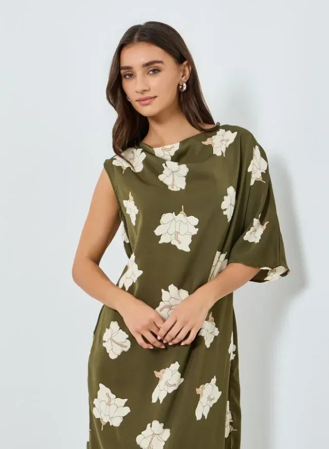 Floral Short Sleeve Shift Midi Dress Green