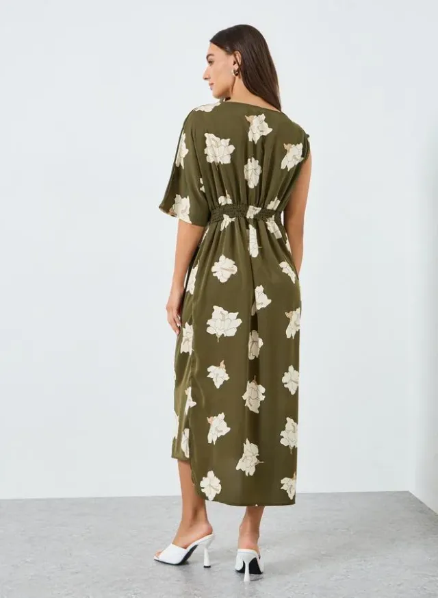 Floral Short Sleeve Shift Midi Dress Green – image 4