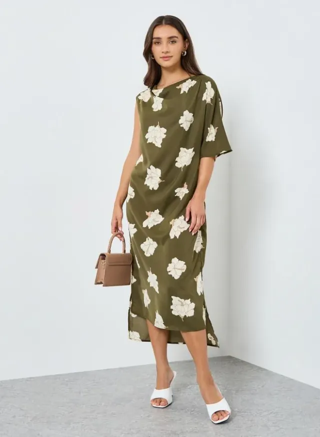 Floral Short Sleeve Shift Midi Dress Green – image 5