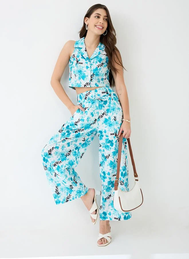 Floral Print Crop Shirt & Wide Leg Trousers Co-ord, Blue