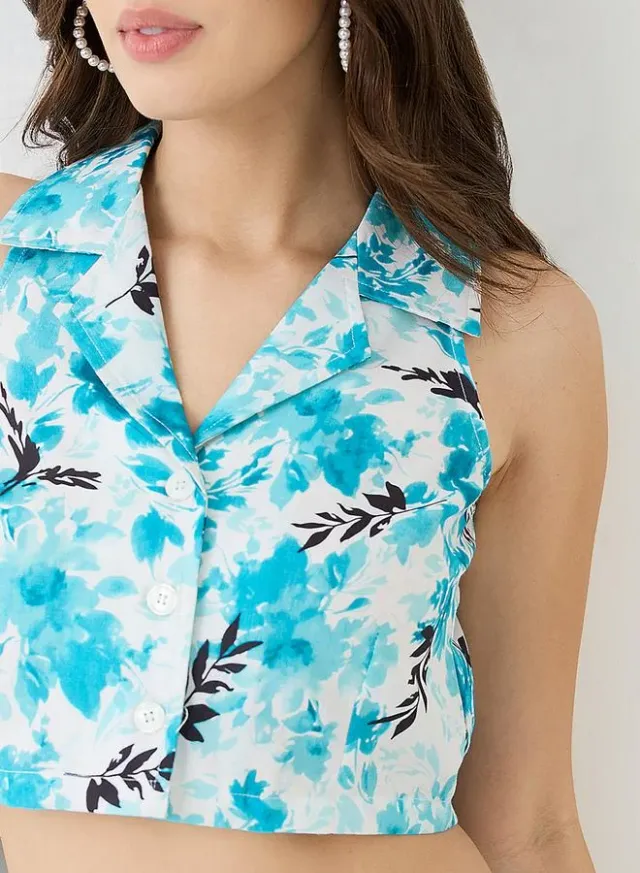 Floral Print Crop Shirt & Wide Leg Trousers Co-ord, Blue – image 4