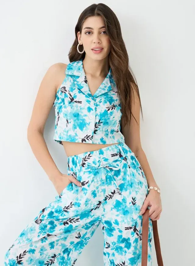 Floral Print Crop Shirt & Wide Leg Trousers Co-ord, Blue – image 6
