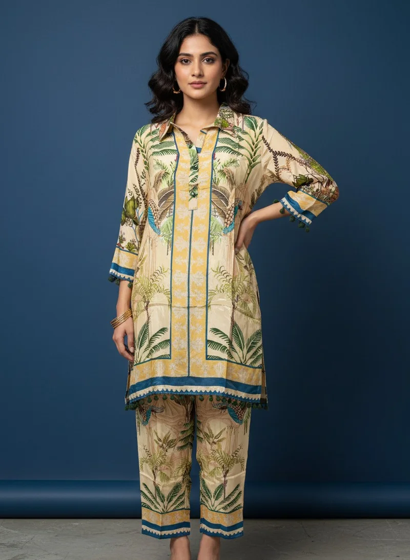 Tropical Print Co-Ord Set Beige