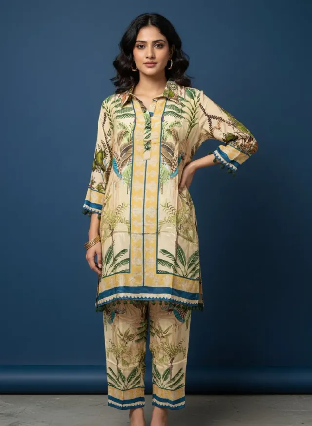 Tropical Print Co-Ord Set Beige