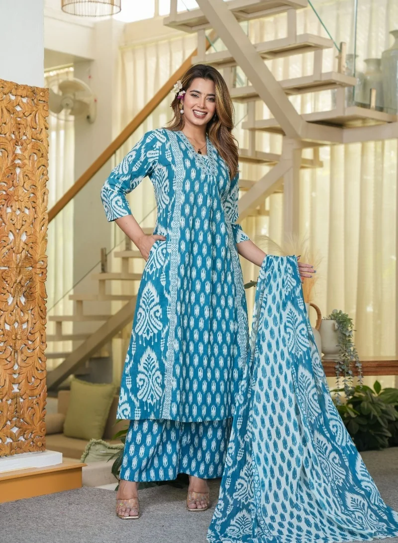 Printed 3-Pc Set with Dupatta Teal Blue