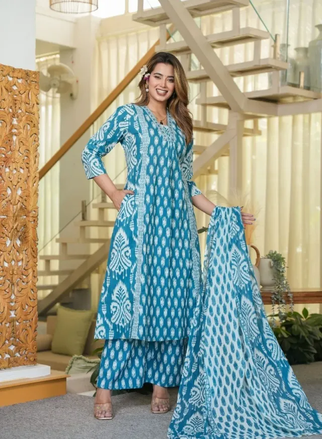 Printed 3-Pc Set with Dupatta Teal Blue