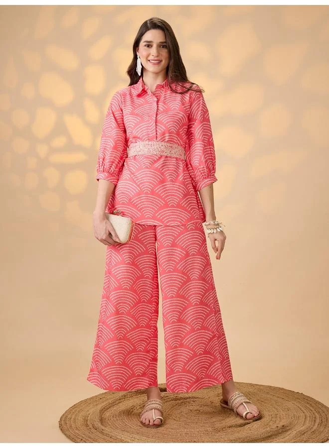 Women Abstract Print Puff Sleeve Tunic Palazzo Co-Ord Set Yellow