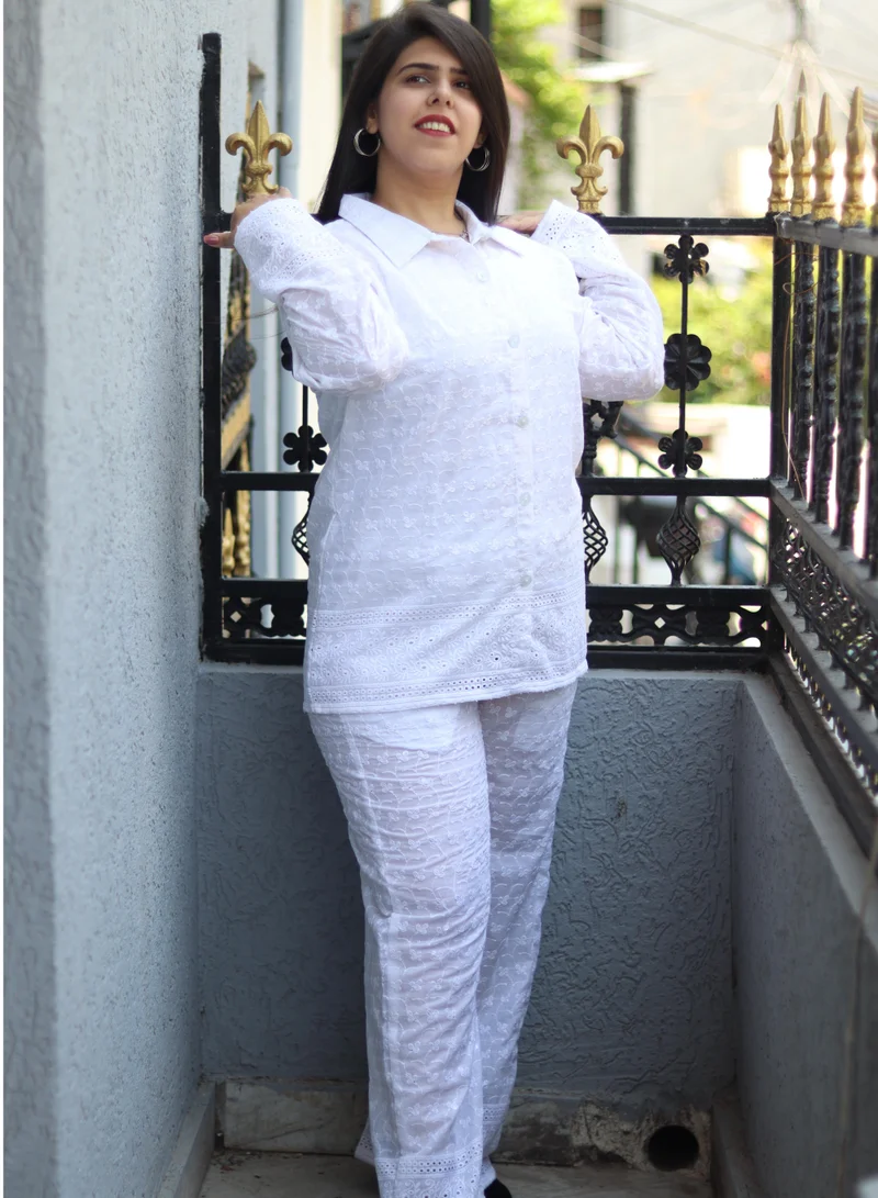 TUMMY Cotton Chikan 2pc Shirt Pant Cordset Off-White