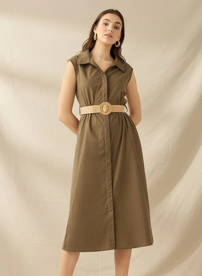 Shirt Midi Length Cotton Dress with Belt
