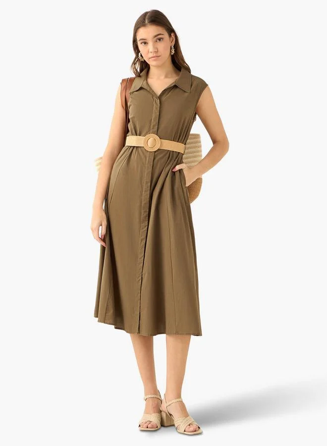 Shirt Midi Length Cotton Dress with Belt