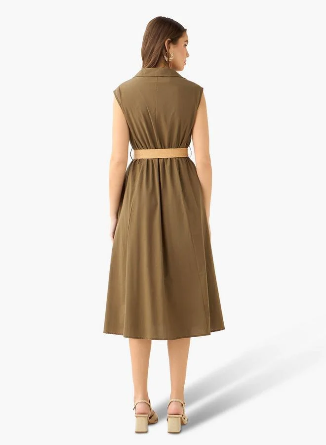 Shirt Midi Length Cotton Dress with Belt