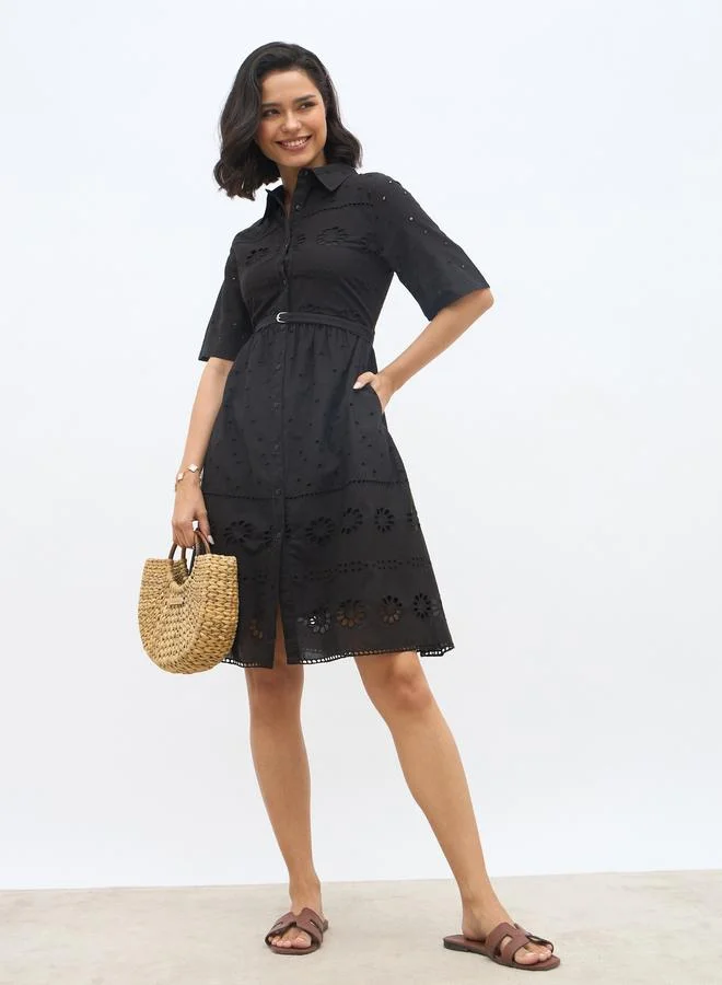 Schiffli Embroidered Shirt Collar Mini Dress