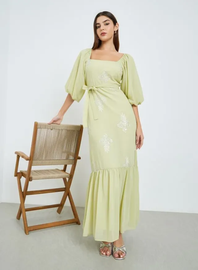 Embellished Puff Sleeve Maxi Dress Green – image 5