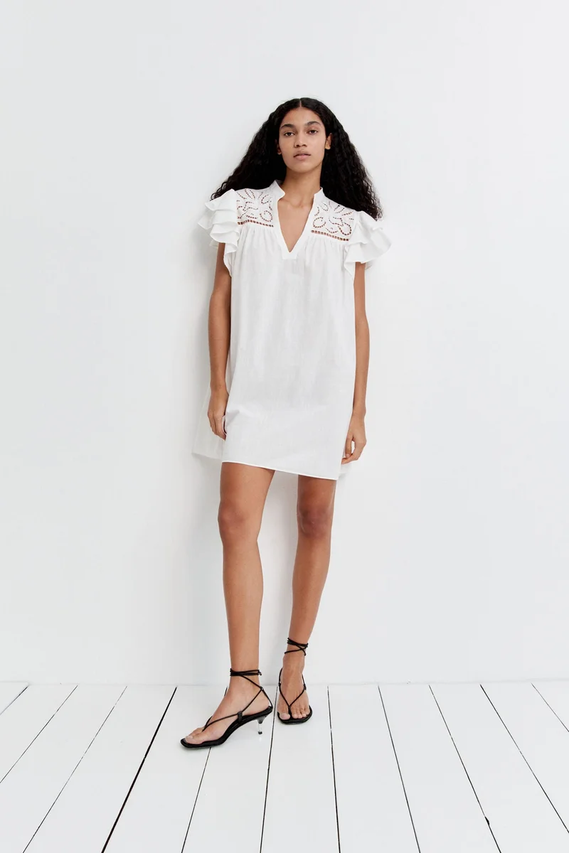 Flutter-sleeve Broderie Anglaise Dress