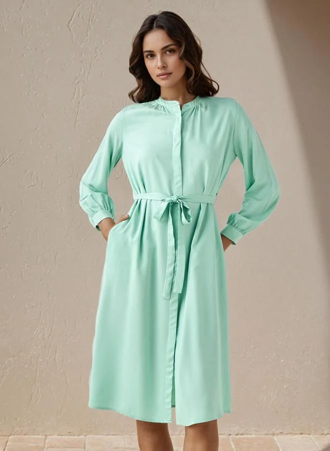 Mandarin Collar Rayon Midi Shirt Dress