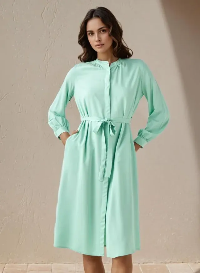 Mandarin Collar Rayon Midi Shirt Dress