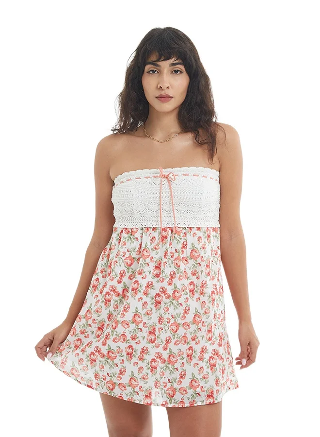 Women's Printed Short Dress with Crotchet Yoke