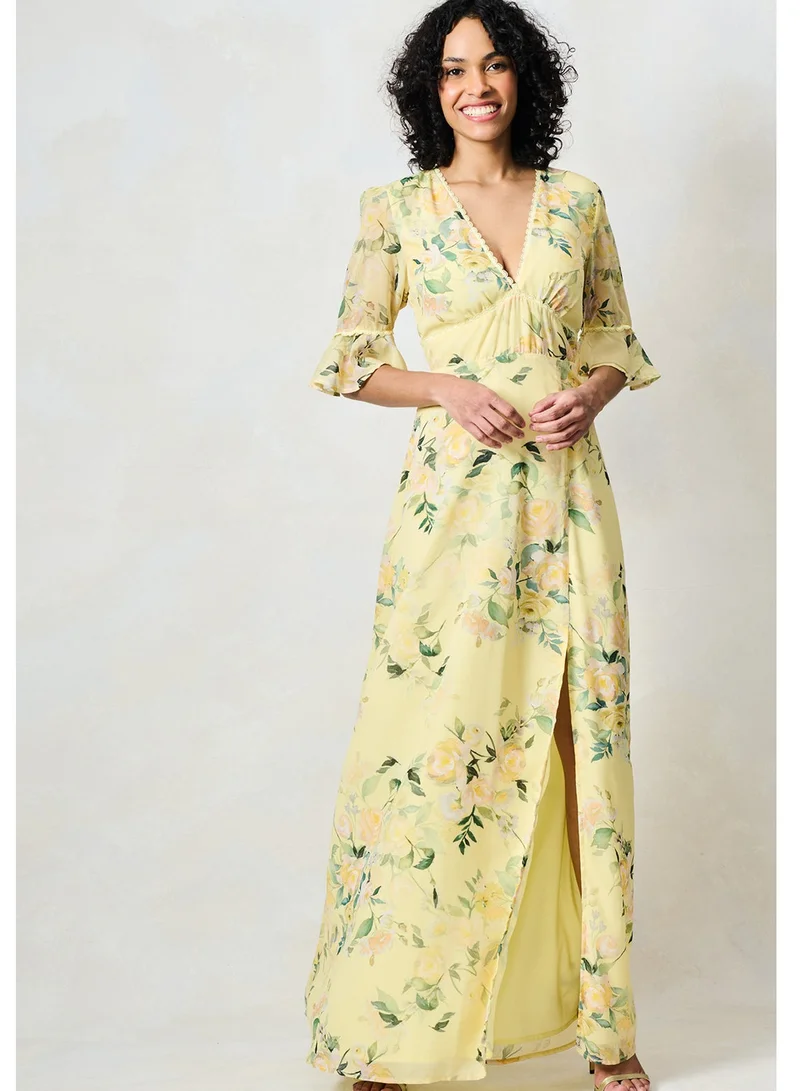 Open Back Frill Sleeve Thigh Split Lace Trim Maxi Dress