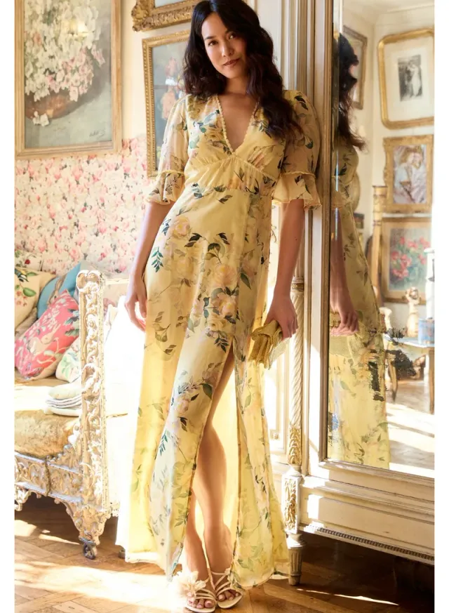 Open Back Frill Sleeve Thigh Split Lace Trim Maxi Dress – image 4